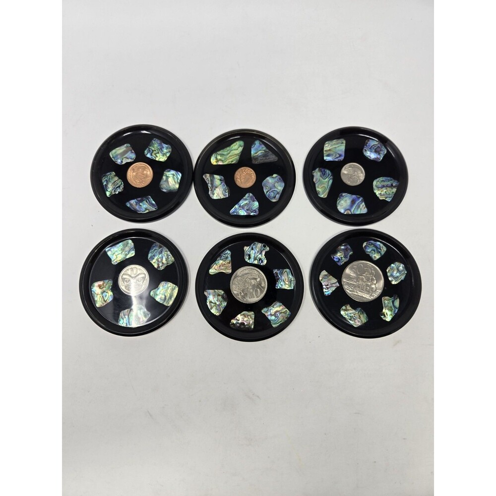 VINTAGE DRINK COASTER SET OF 6 NEW ZEALAND PAUA SHELL & COINS MONEY COLLECTIBLE